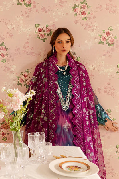 Nureh Luxury Chikankari Embroidered Lawn Printed - Maroon & Sea Green