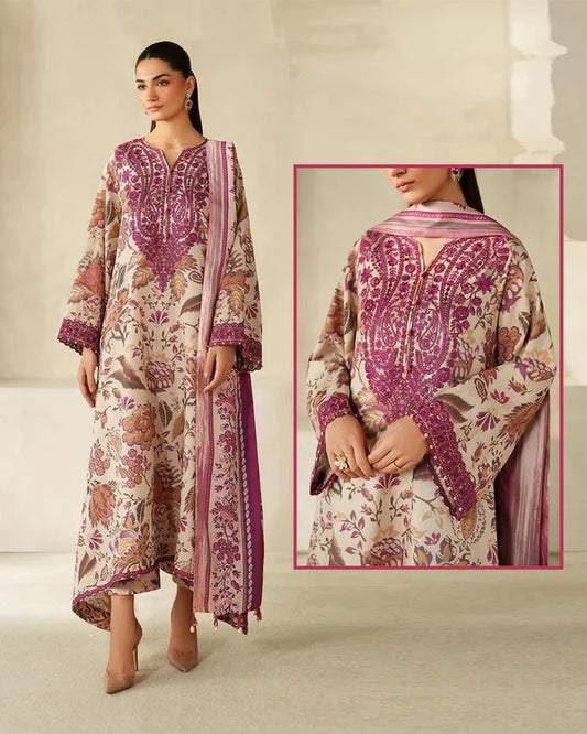 Baroque Summer Collection Pure Lawn With Lawn Duppata - Magenta & Beige