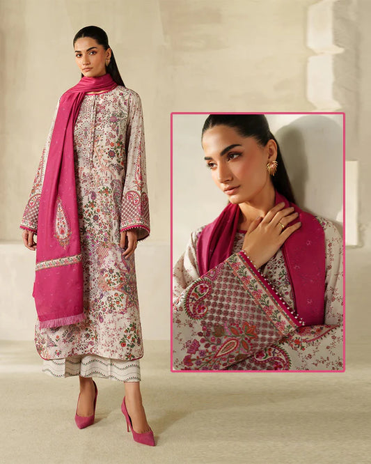 Baroque Summer Collection Pure Lawn With Lawn Duppata - Ash White & Pink