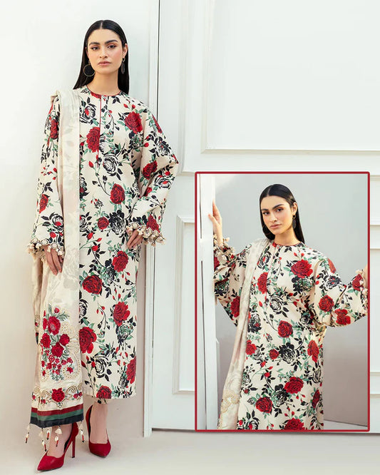 Baroque Embroidered Luxury Lawn Collection - Off White Maroon