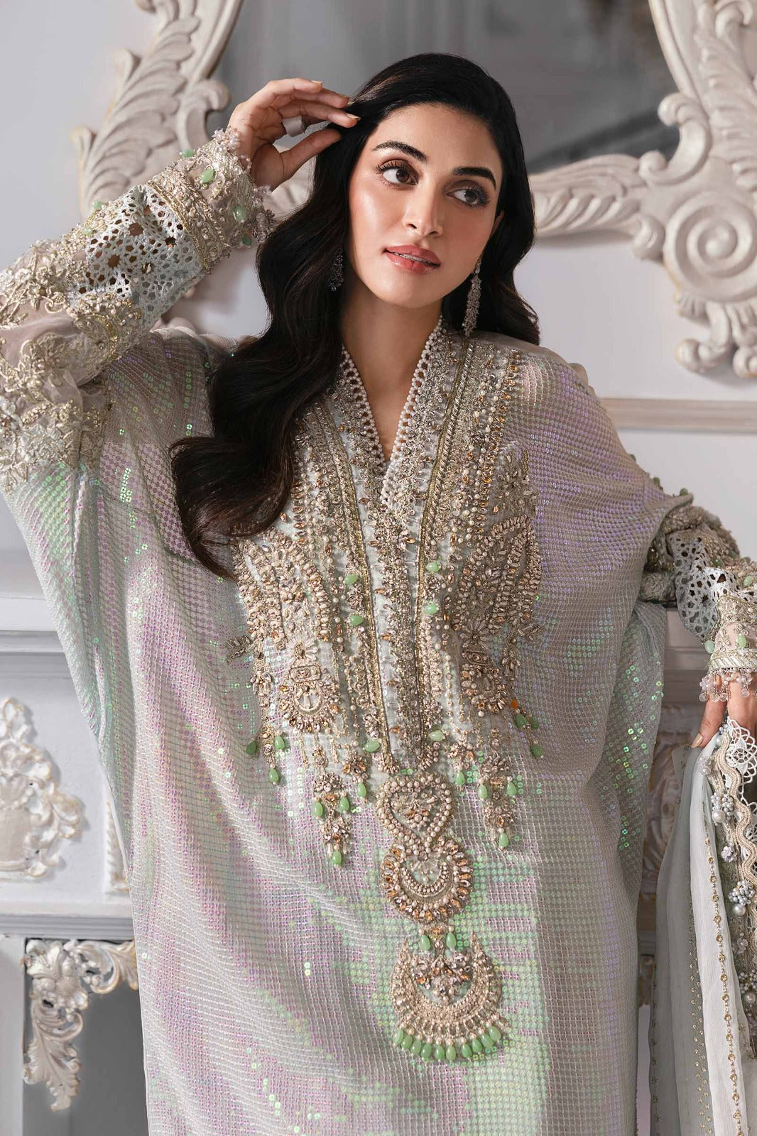Maria.B Mbroidered Luxury Formals Wedding Chiffon Collection - ICE GREEN