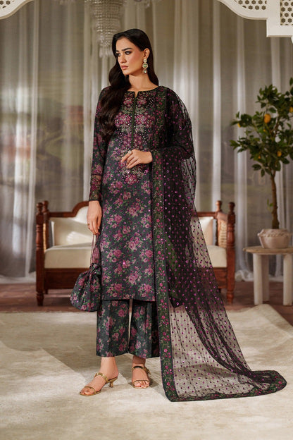 Iznik Premium Luxury Lawn Embroidered Chiffon Duppata Collection - D7 - BLACK