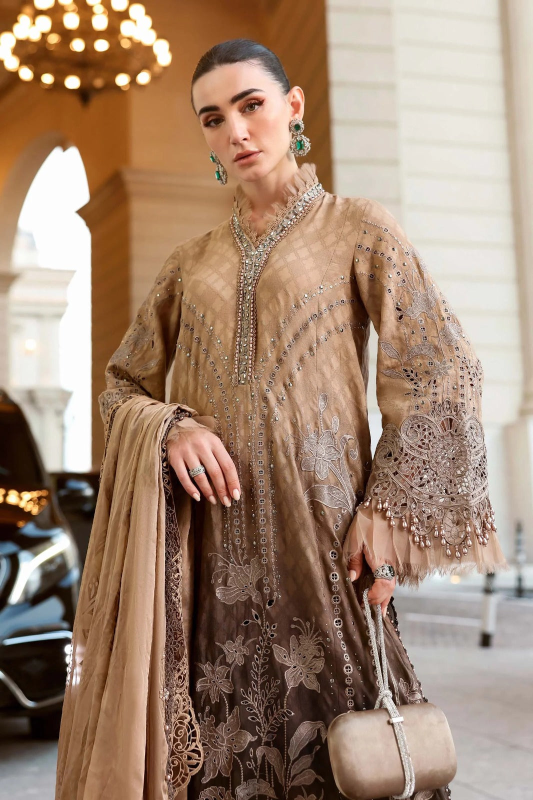 Maria.B Premium Luxury Lawn Embroidered Chiffon Duppata Collection - D-01A Light & Dark Brown
