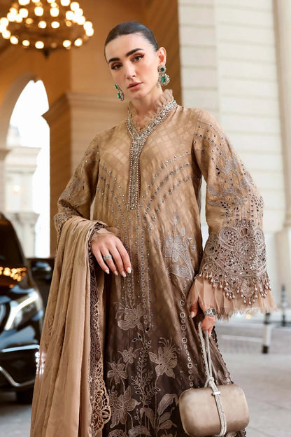 Maria.B Premium Luxury Lawn Embroidered Chiffon Duppata Collection - D-01A Light & Dark Brown