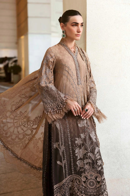 Maria.B Premium Luxury Lawn Embroidered Chiffon Duppata Collection - D-01A Light & Dark Brown