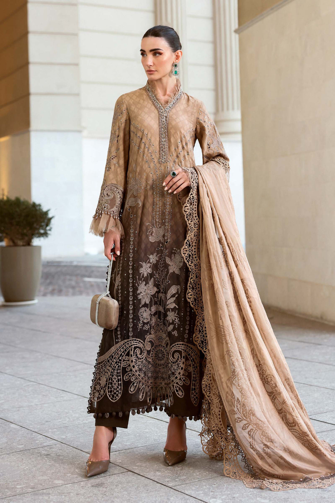 Maria.B Premium Luxury Lawn Embroidered Chiffon Duppata Collection - D-01A Light & Dark Brown