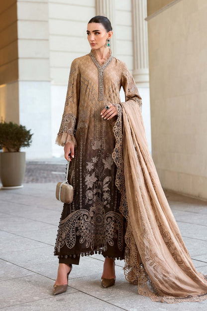 Maria.B Premium Luxury Lawn Embroidered Chiffon Duppata Collection - D-01A Light & Dark Brown