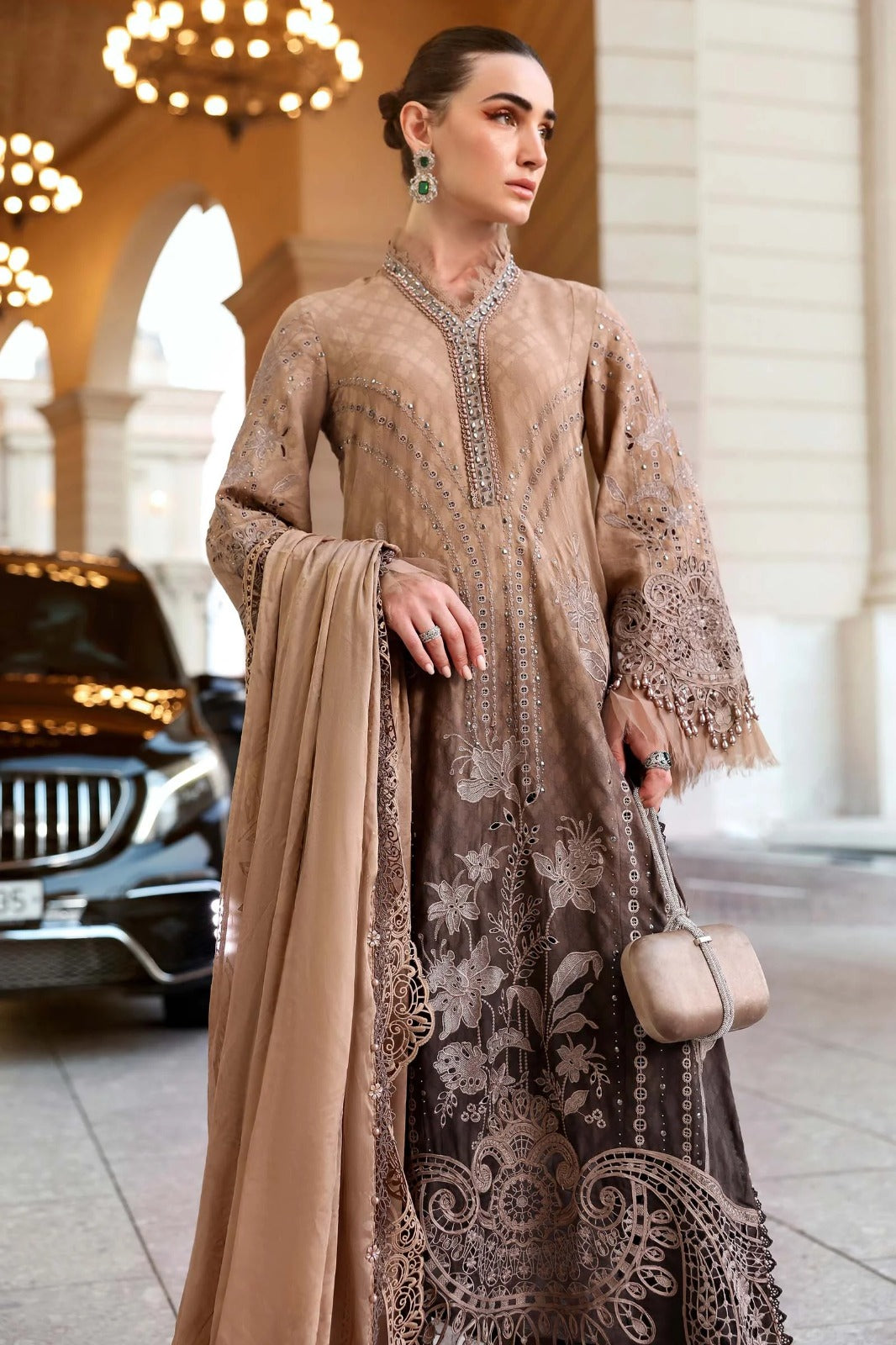 Maria.B Premium Luxury Lawn Embroidered Chiffon Duppata Collection - D-01A Light & Dark Brown