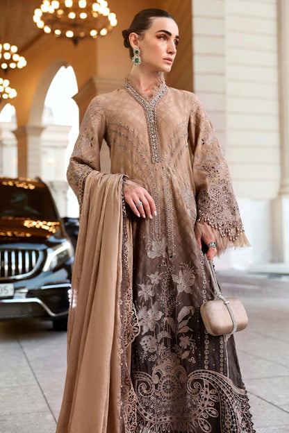 Maria.B Premium Luxury Lawn Embroidered Chiffon Duppata Collection - D-01A Light & Dark Brown