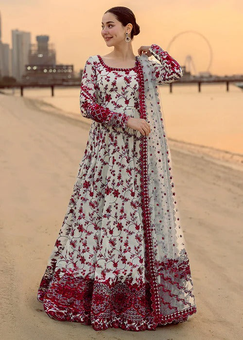 Faiza Saqlain Aya Luxury Lawn Collection Maxi - Jehona - WHITE & MAROON
