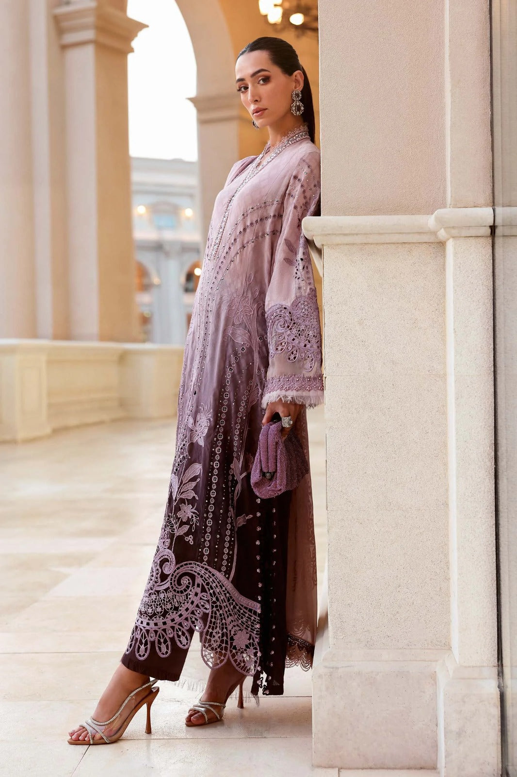Maria.B Premium Luxury Lawn Embroidered Chiffon Duppata Collection - D-01A - PINK & PLUM