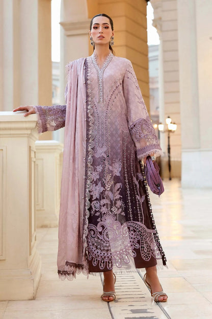 Maria.B Premium Luxury Lawn Embroidered Chiffon Duppata Collection - D-01A - PINK & PLUM