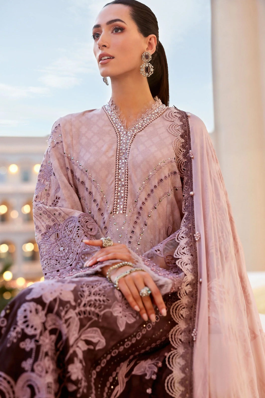Maria.B Premium Luxury Lawn Embroidered Chiffon Duppata Collection - D-01A - PINK & PLUM