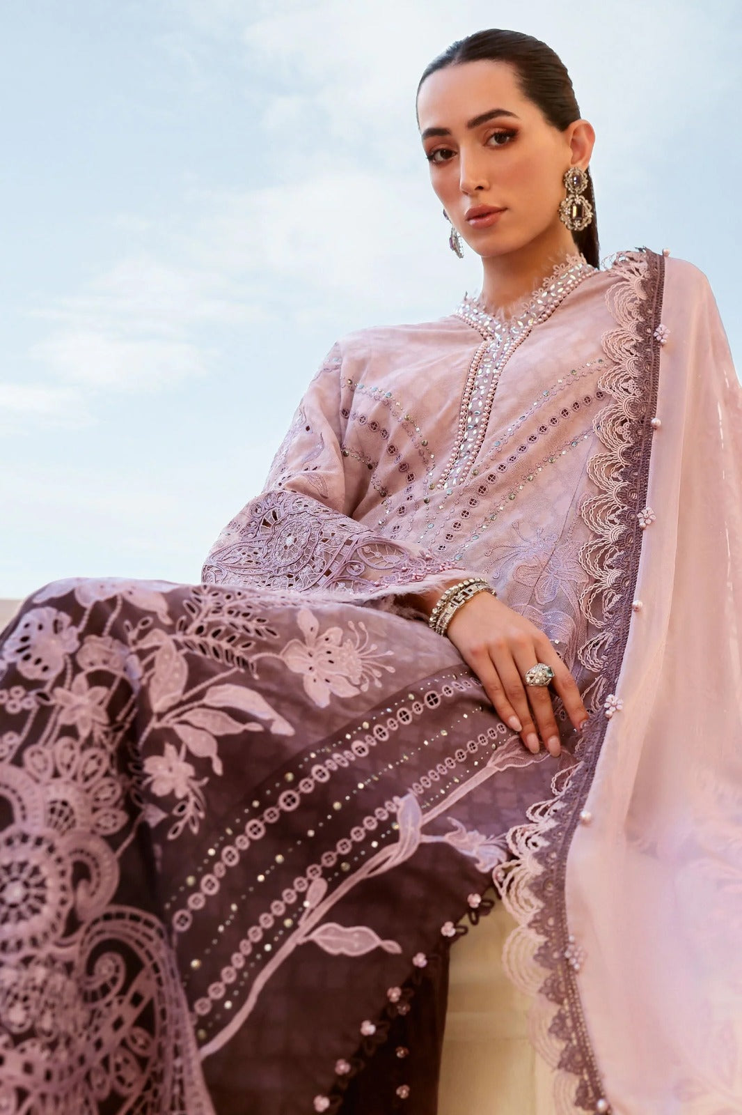 Maria.B Premium Luxury Lawn Embroidered Chiffon Duppata Collection - D-01A - PINK & PLUM