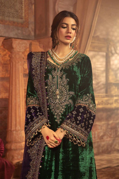 Maria.B Embroidered Velvet Wedding Collection-Bottle Green & Purple