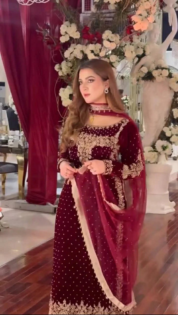 Aneelas Luxury Velvet Embroidered 3 Piece Unstitched