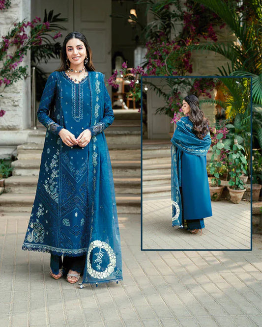 Qalamkar Luxury Chikankari Eid Lawn Collection- Teal Blue
