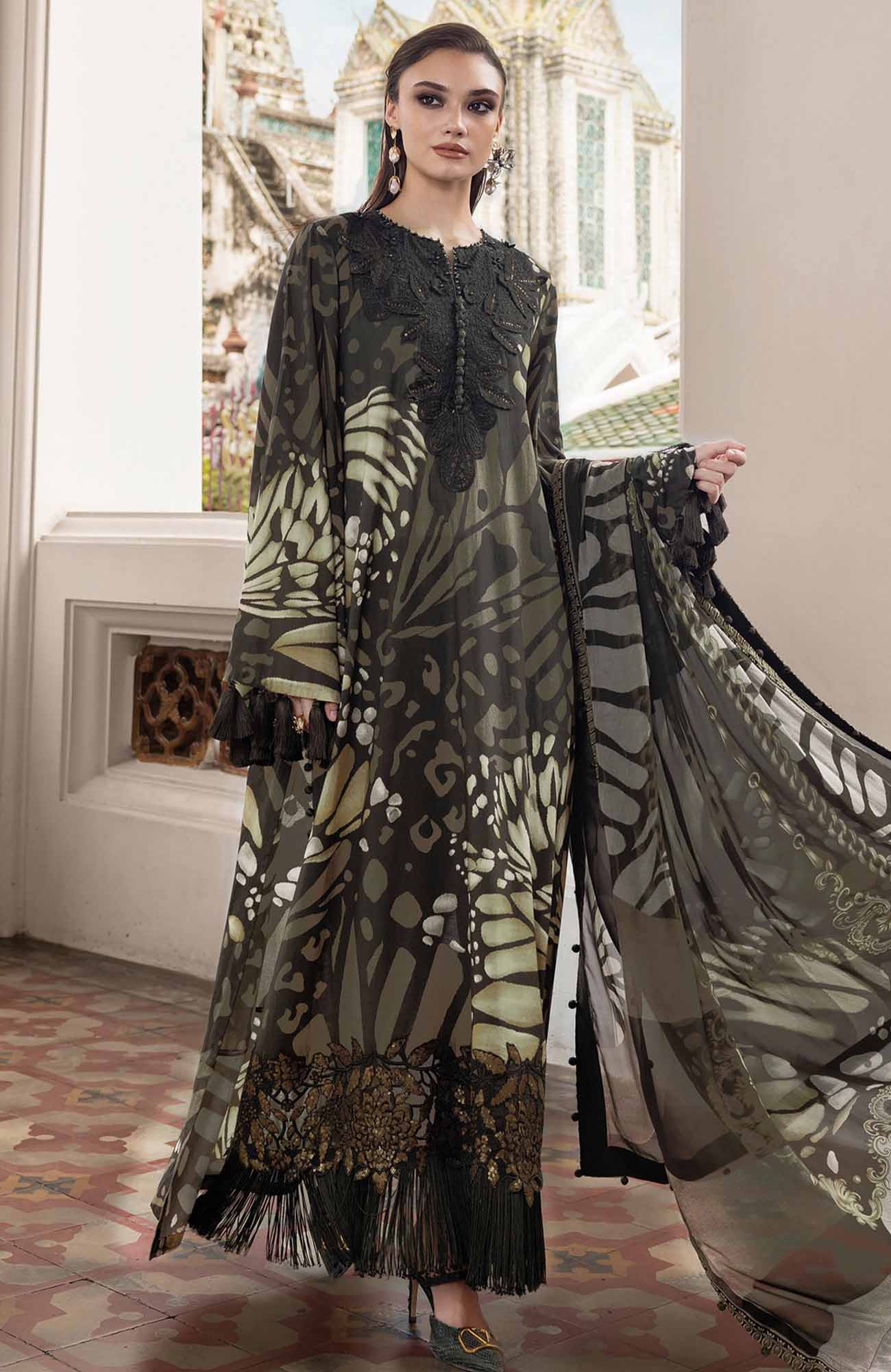 Maria.b Luxury Silk Collection - Olive Green & Black