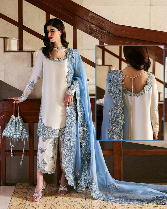 Hussain Rehar The Scent Luxury Pret  Formals Collection- Off White & Ice  Blue