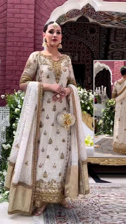 Haris Shakeel Luxury Hand Embellished Addawork Formal Wedding Collection-Off White & Gold