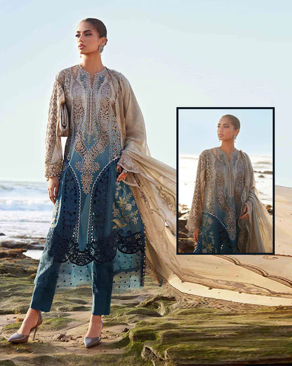 Maria.B Luxury Formals Hand Embellished Addawork Formal Collection- Beige & Teal Blue