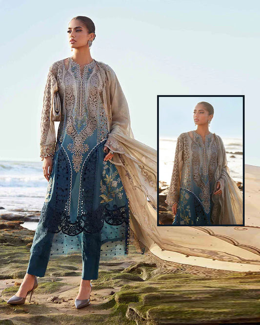 Maria.B Luxury Formals Hand Embellished Addawork Formal Collection- Beige & Teal Blue