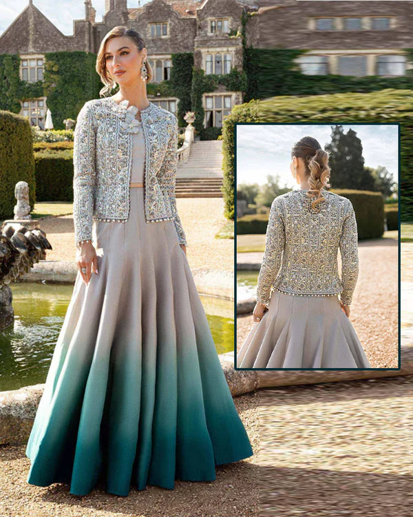 Maria.B Luxury Formal Bridal Wedding Collection Lehenga - Silver Grey & Seagreen