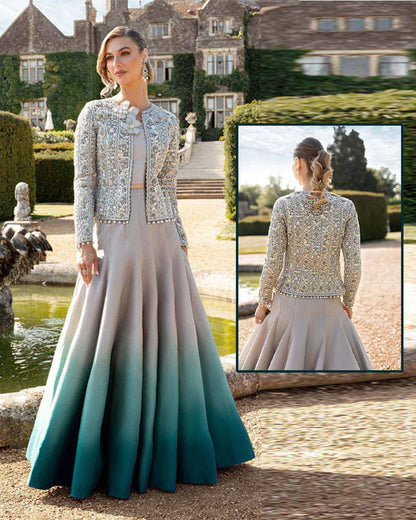 Maria.B Luxury Formal Bridal Wedding Collection Lehenga - Silver Grey & Seagreen