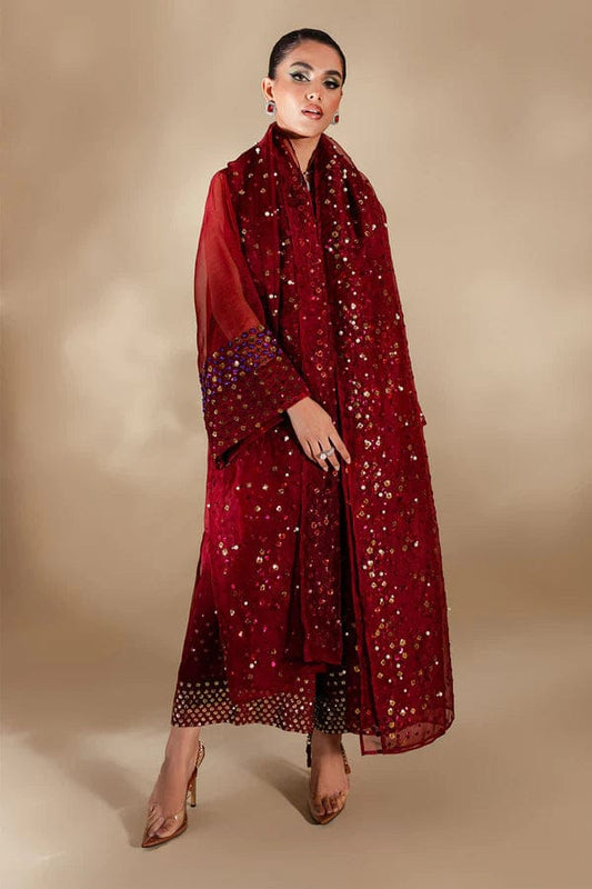 Nureh Luxury Velvet Hand Embellished Formal Wedding Collection- Reddish Maroon