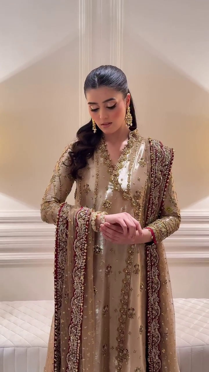 Haris Shakeel Luxury Angarkha Hand Embellished Addawork Formal Bridal Collection- Gold & Maroon