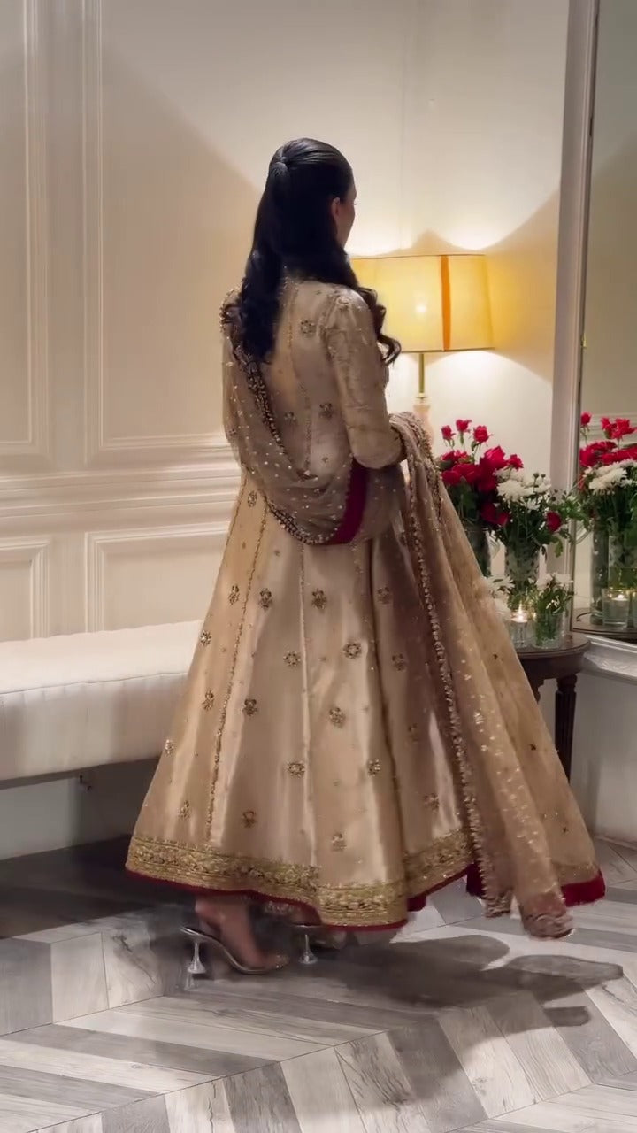 Haris Shakeel Luxury Angarkha Hand Embellished Addawork Formal Bridal Collection- Gold & Maroon