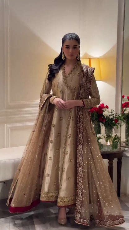 Haris Shakeel Luxury Angarkha Hand Embellished Addawork Formal Bridal Collection- Gold & Maroon