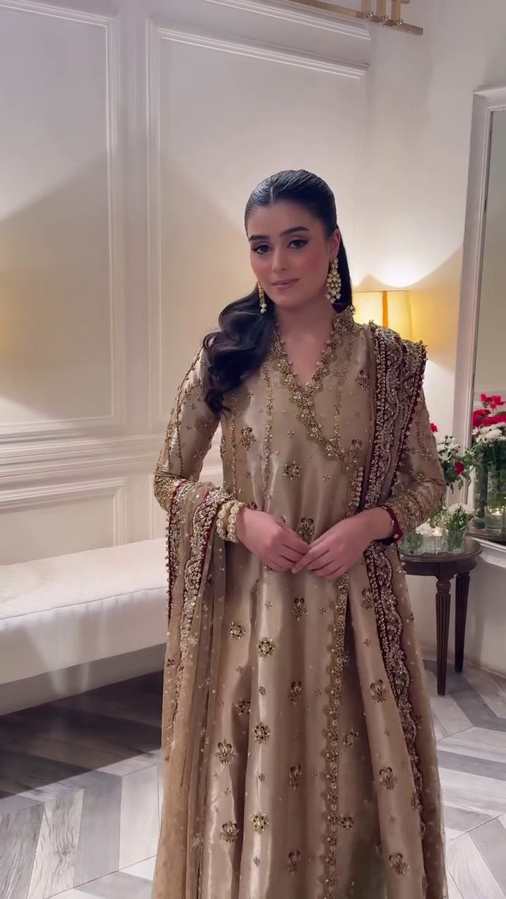 Haris Shakeel Luxury Angarkha Hand Embellished Addawork Formal Bridal Collection- Gold & Maroon
