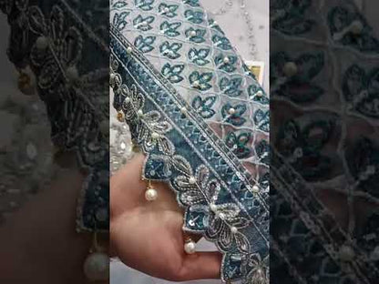 Afrozeh Embroidered Addawork Formal Wedding Collection- Silver Grey And Teal Blue