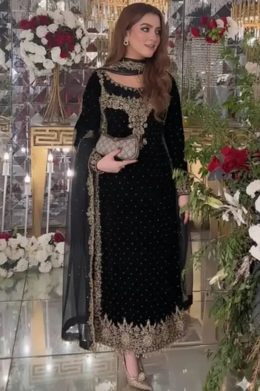 Aneelas Luxury Velvet Embroidered 3 Piece Unstitched black